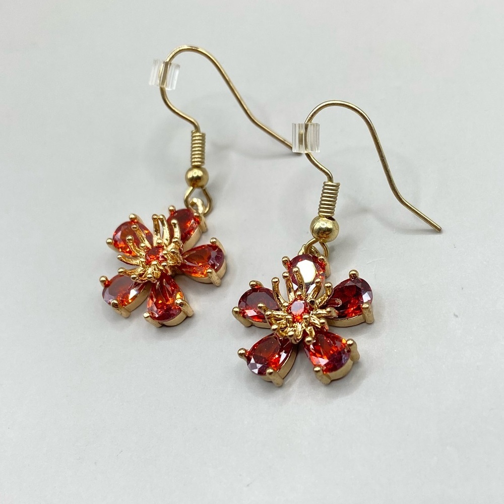 Amber Red Floral Drop Earrings - Picture 3 of 5